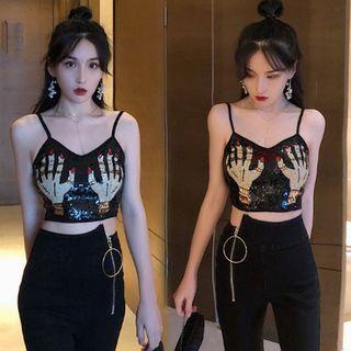 Hands Sequined Sleeveless Cropped Top Black - One Size