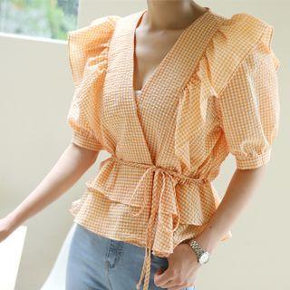 V-neck Frilled-detail Checked Blouse