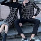 Couple Matching Plaid Sweater / Fringed Hem Overall Dress / Mock-neck Sweater
