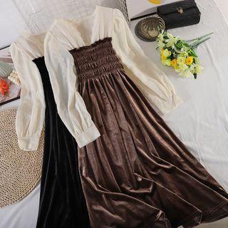 V-neck Lace Long-sleeve Panel Velvet Dress