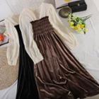 V-neck Lace Long-sleeve Panel Velvet Dress