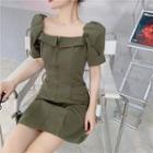 Square-neck Puff Short-sleeve Zip-front Mini Dress