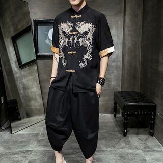 Set: Dragon Embroidered Elbow-sleeve Hanfu Top + Cropped Harem Pants