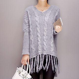 Fringe Hem Cable-knit Sweater