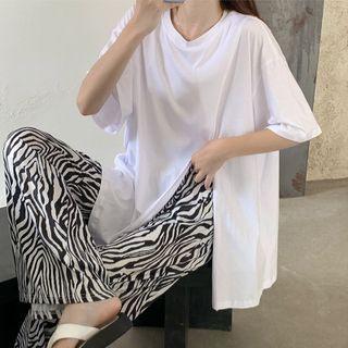 Short-sleeve Slit-side Asymmetric Plain Top