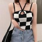 Strappy Checkerboard Pattern Knit Camisole Top