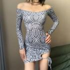 Long-sleeve Off-shoulder Print Mini Sheath Dress