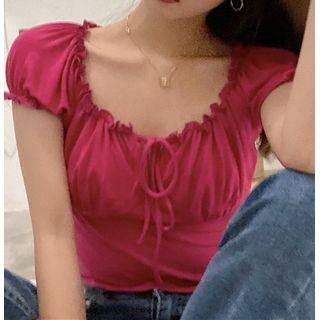 Short-sleeve Plain Ruffled Trim Top Rose Pink - One Size