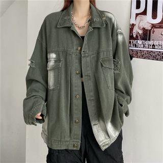 Long-sleeve Ripped Denim Jacket