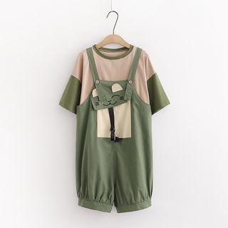 Set: Short-sleeve Two-tone T-shirt + Cat Embroidered Jumper Shorts Set - One Size