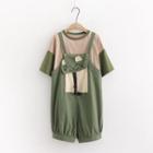Set: Short-sleeve Two-tone T-shirt + Cat Embroidered Jumper Shorts Set - One Size