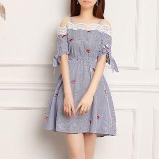 Lace Panel Flower Embroidered Striped Off Shoulder Dress