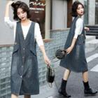 Single-breasted Striped A-line Denim Pinafore Dress