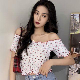 Cherry Print Short-sleeve T-shirt Ivory White - One Size