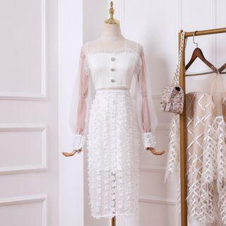 Mesh Panel Flower Applique Midi Dress