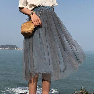 Sheer Panel Denim A-line Midi Skirt