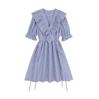 Short-sleeve Striped Ruffle A-line Dress