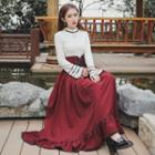 Set: Bell-sleeve Flower Embroidered Ribbed Top + Lace-up Midi A-line Skirt