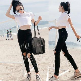 Set: Striped Short-sleeve Crop T-shirt + Skinny Jeans