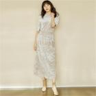 Set: Elbow-sleeve Crinkled Top + Band-waist Skirt