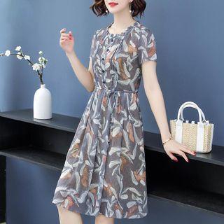 Short-sleeve Feather Print A-line Dress