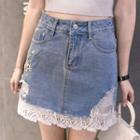 Floral Embroidered Lace Panel Denim Skirt