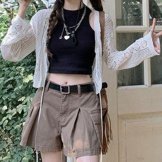 Cropped Tank Top / Pointelle Cardigan / Wide Leg Shorts