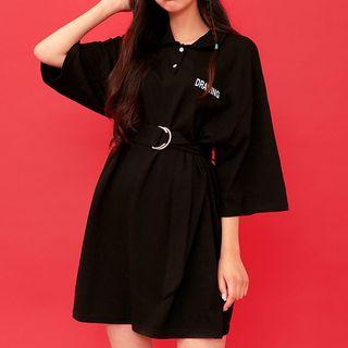 Drawing Printed Mini Polo Dress With Belt