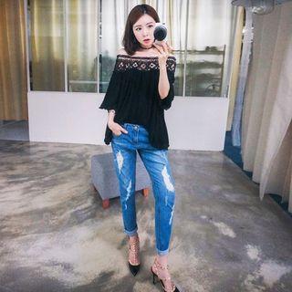Off-shoulder Lace Trim Top Black - One Size