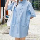 Elbow-sleeve Mini Shirt Dress Sky Blue - One Size