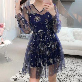 Set: Embroidered Long Sleeve Mesh Dress + Slipdress