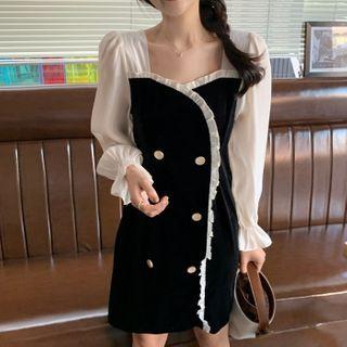 Contrast Trim Long-sleeve Sheath Dress Black - One Size