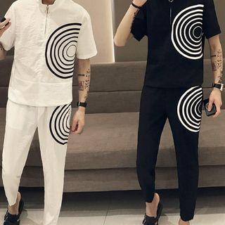 Set: Printed Short-sleeve Half-zip Top + Tapered Pants