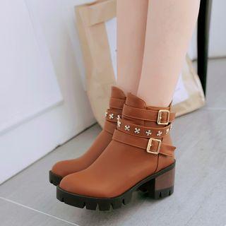 Buckled Faux-leather Block-heel Boots
