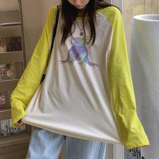 Long-sleeve Print Raglan T-shirt / Slit Straight-leg Jeans