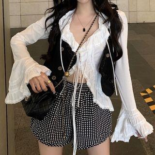 Ruffled Blouse / Button-up Cropped Vest / Dot Print Shorts