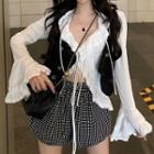 Ruffled Blouse / Button-up Cropped Vest / Dot Print Shorts