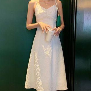 Spaghetti Strap Beaded Trim Midi A-line Dress