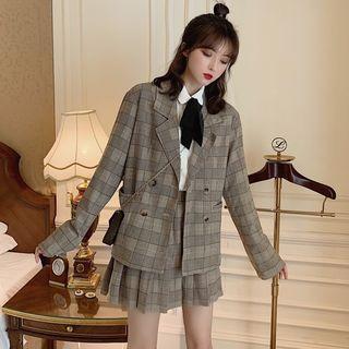 Plaid Blazer / Long-sleeve Blouse / Mini Plaid Pleated Skirt