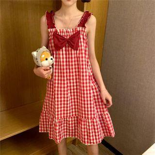 Ruffle Strap Bow Plaid A-line Dress
