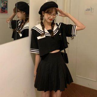 Set: Sailor Collar Elbow-sleeve Top + Pleated Mini A-line Dress As Shown In Figure - One Size