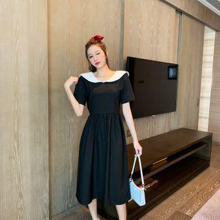 Open-back Collared Short-sleeve Midi A-line Dress