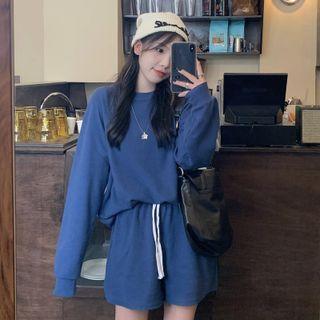 Set: Plain Sweatshirt + Drawstring Waist Shorts