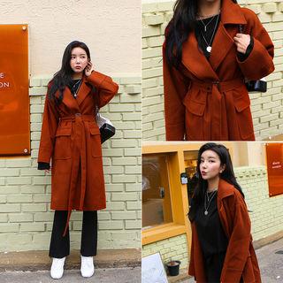Single-breasted Pocket-detail Coat With Belt Brown - One Size