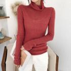 Long-sleeve Mock-neck Knit Top Dark Pink - One Size