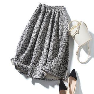 Floral Print Midi A-line Skirt Gray & White - One Size