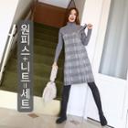 Set: Turtle-neck Ribbed Knit Top + Suspender Checked Dress