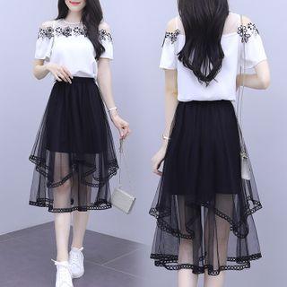 Set: Short-sleeve Mesh Top + Overlay Skirt