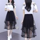 Set: Short-sleeve Mesh Top + Overlay Skirt