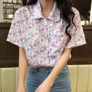 Floral Print Short-sleeve Blouse As Shown In Figure - One Size